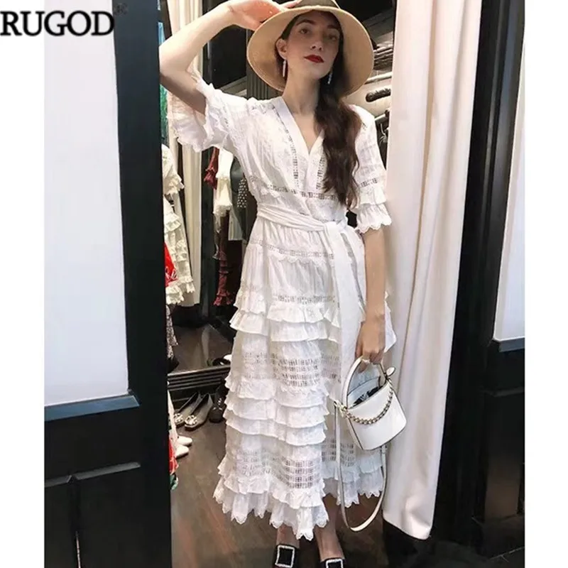RUGOD, новинка, белое кружевное платье, женское, элегантное, сексуальное, с вырезом, с поясом, Платья для вечеринок, повседневное, с оборками, длинное, макси платье, vestidos mujer
