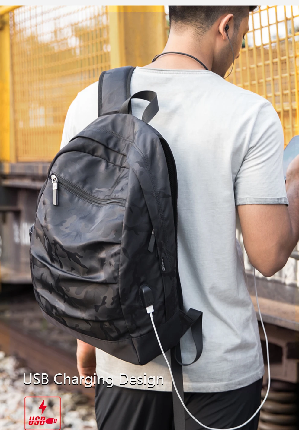 HKBackpack usb-ladekabel, Мужская камуфляжная черная Большая вместительная сумка, сумка 15,6 zoll, сумки для ноутбука, 17,3 дюймов, сумка для книг