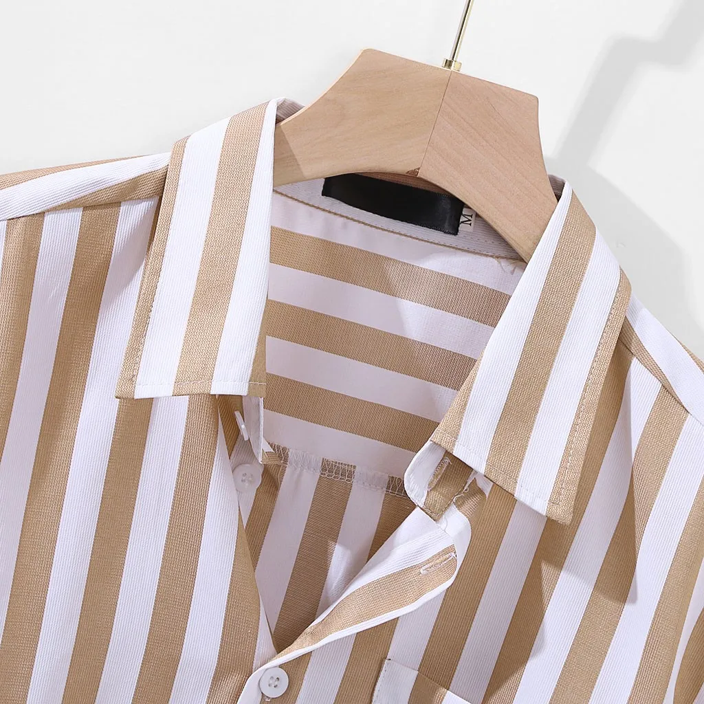 Летняя мужская рубашка chemise, свободные рубашки с короткими рукавами, полосатая Льняная блуза с принтом и карманами, Мужская гавайская рубашка, уличная рубашка camiseta
