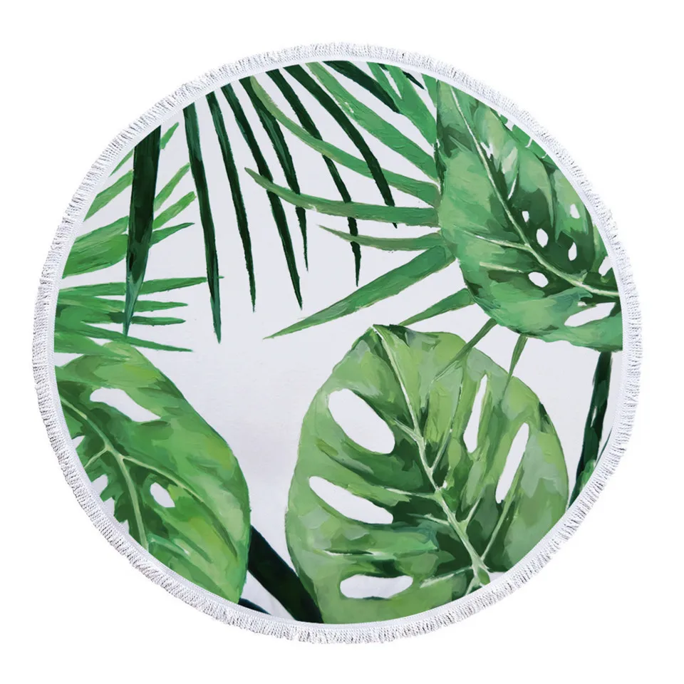 

SOFTBATFY Tropical Leaves Thick Terry Round Beach Towel with Tassel Dropshipping
