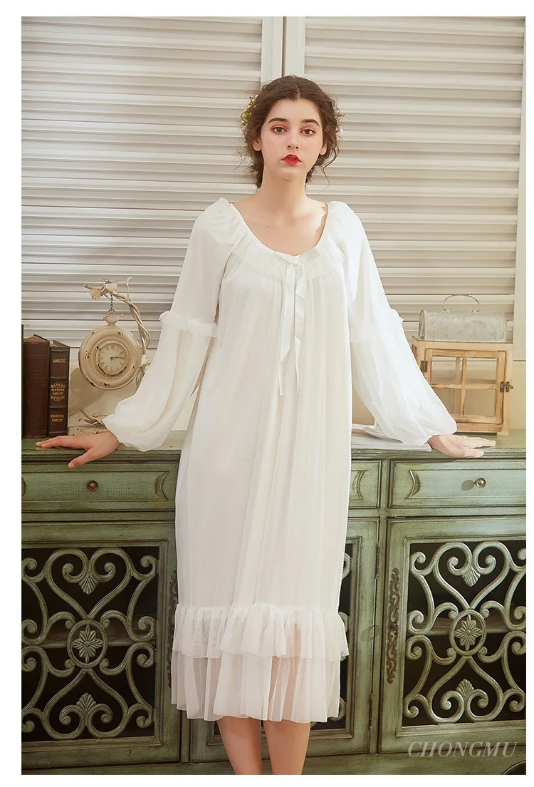 

French romantic nightdress soft Cotton nightgown sleepdress female long sleeves lace palace retro elegant sleepwear wq1780