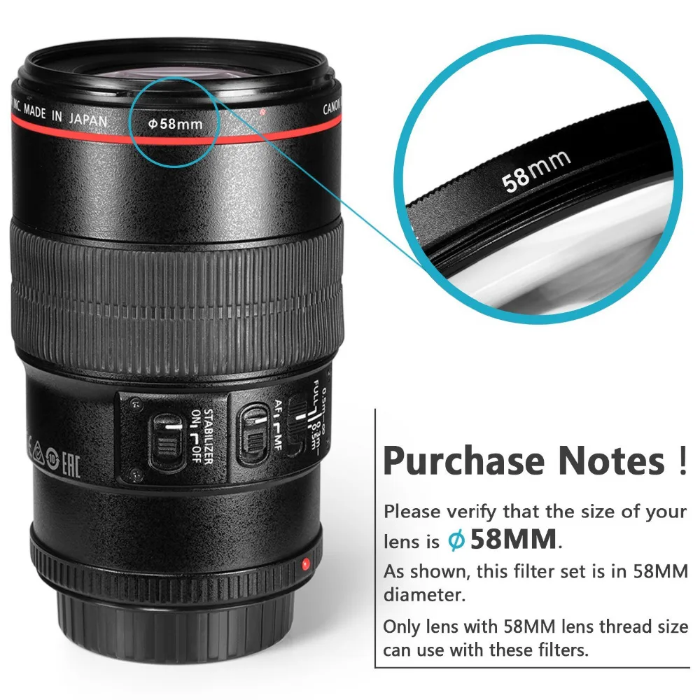 Набор фильтров Neewer 58 мм ND2 ND4 ND8 ND16 для зеркальной камеры Canon EOS Rebel T6i T6 T5i T5 T4i T3i SL1