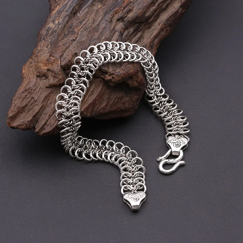 

S925 Sterling Silver 11MM Wide Male Thai Silver Bracelet Handmade Double Ring Flat Fuzi S Buckle Silver Bracelet&Bracelet Homme