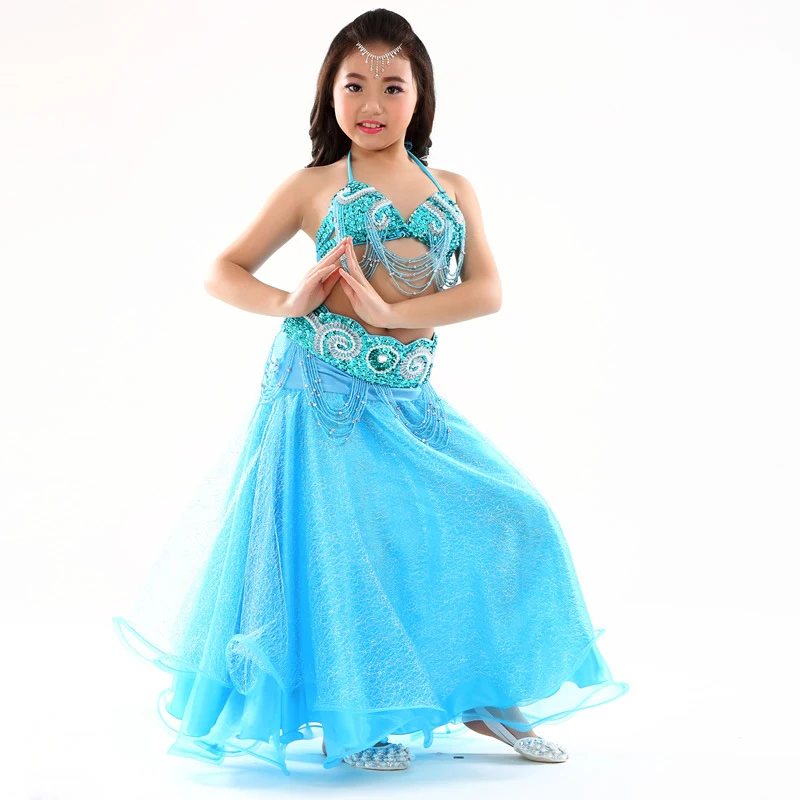 2018 Stage Performance New Arrivals Children Dance Wear Beaded Outfits Belly Costume Bra Belt Mesh Skirt #814 | Тематическая одежда