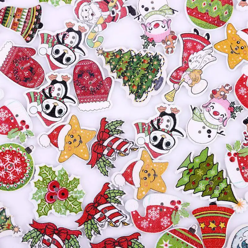 New 50Pcs Christmas Cartoon Pattern Wooden decorative Buttons For Scrapbooking Sewing Crafts Decoration