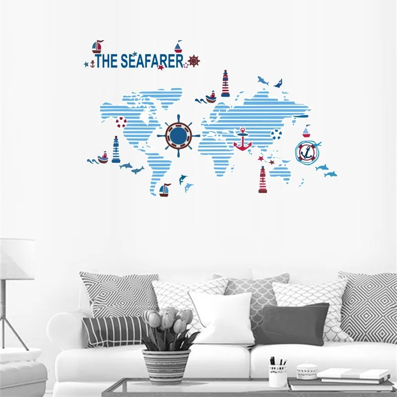 Моряк Мультфильм Темно Синий путешествия карта мира настенные наклейки для
