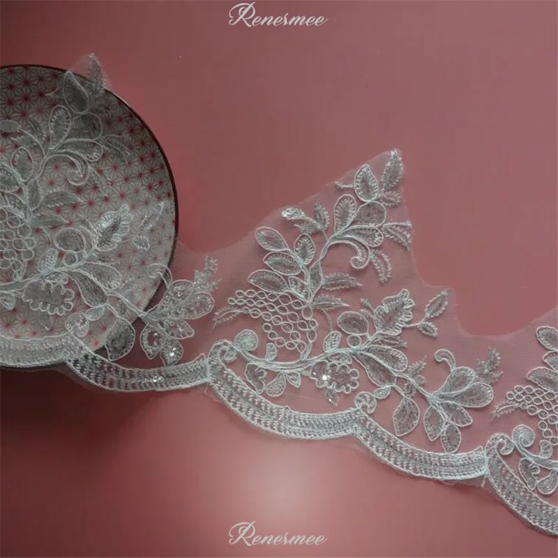 Delicate 1m White/Ivory Sequin Cording Fabric Flower Venise Venice Mesh Lace Trim Applique Sewing Craft for Wedding Dec. 21.5cm | Дом и сад