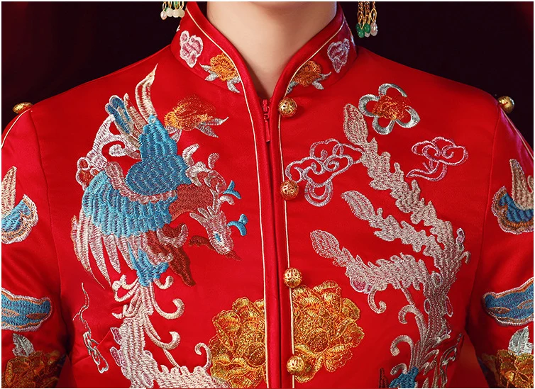 

Bride Cheongsam Vintage Wedding Toast Chinese Dress Lady Embroidery Phoenix Gown Marriage Qipao red Clothes