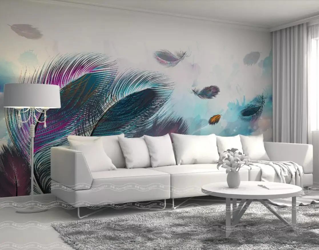 

3D Colorful Feather Mural Wall Paper Wall Painting Hand Painted Canvas Contact Paper Custom Wallpapers for Living Room
