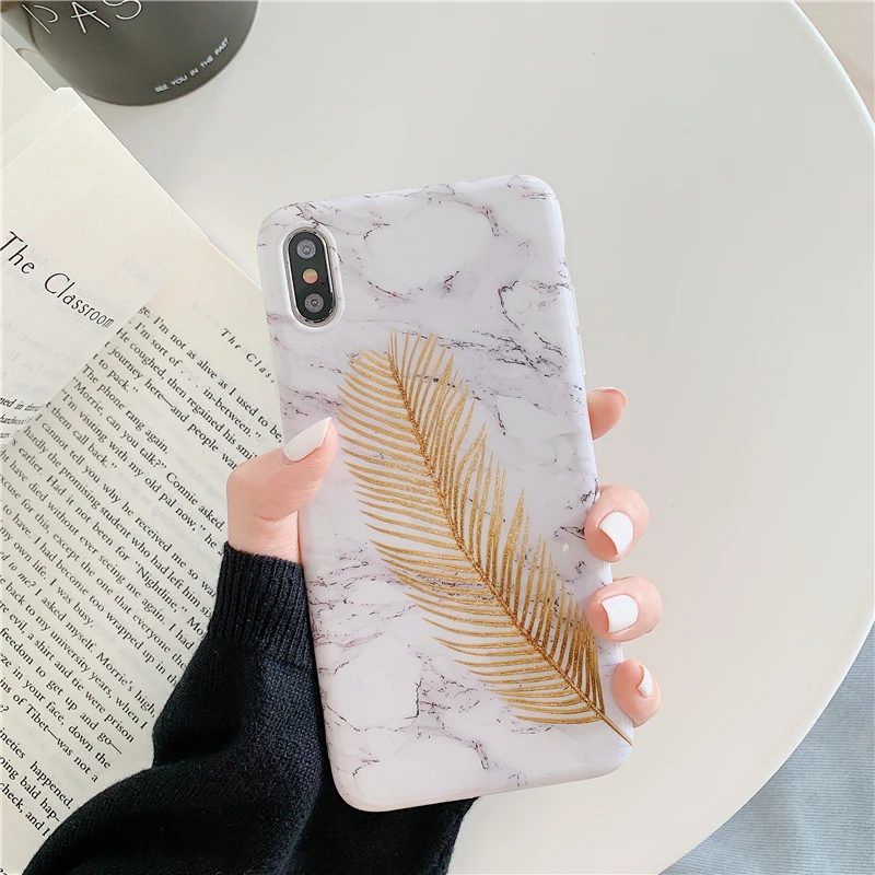 KEXIN Phone Case For iPhone XS MAX XR X Funny Gold Feather Gray Marble Design 7 8 6S Plus Anti-knock Soft Back Cover |