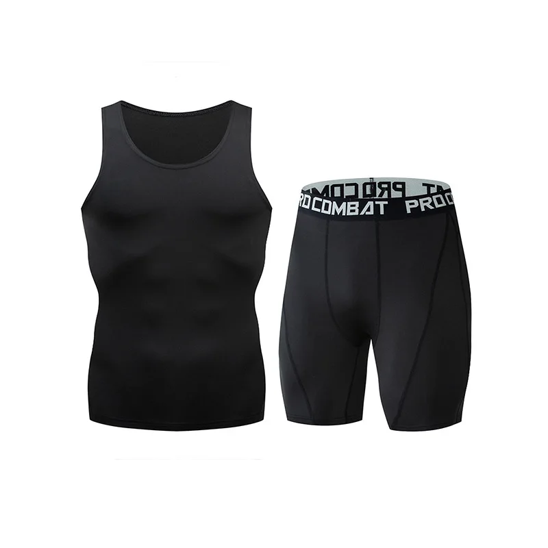 

Sports Suit Male Elastic Quick Dry Vest Shorts 2 Pcs Fitness Running Suit Compressed Training Clothing Summer Basketball Soccer