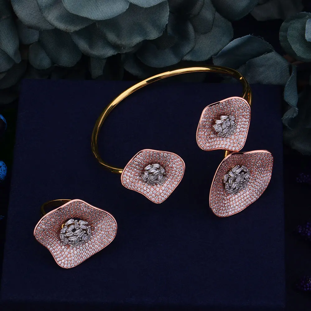 

GODKI Luxury Big Delicate Luxury Gemoetric Flower lotus leaf Cubic Zirconia Party Wedding Saudi Arabic Dubai Bangle Ring Set