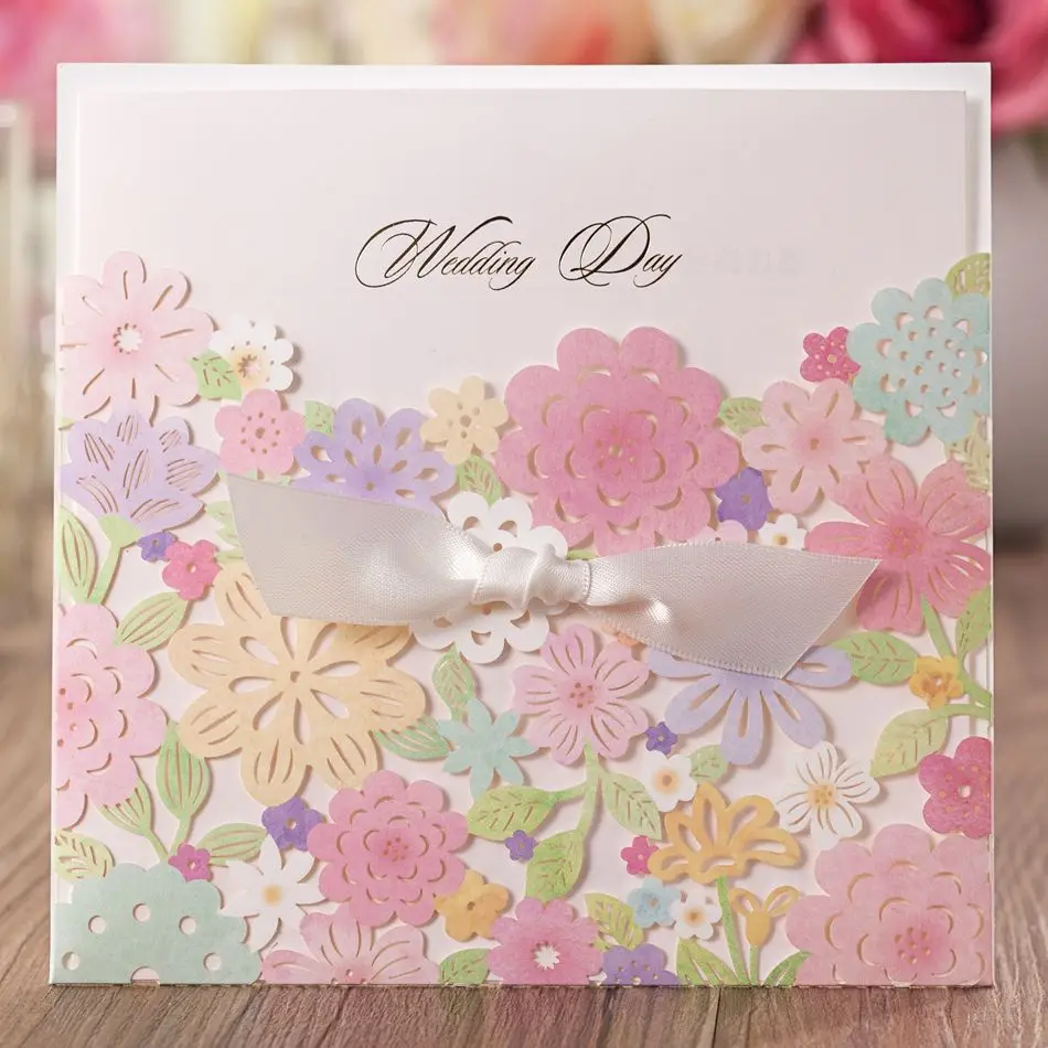 

50pcs WISHMADE Laser Cut Wedding Invitations with Multi Flower Floral and Envelopes Elegant Invites Cards, Customized CW5031