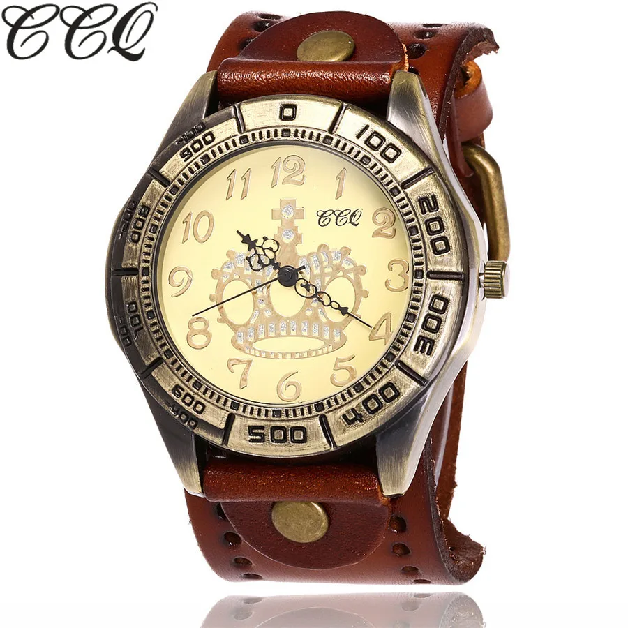 CCQ Марка Винтаж Кожа Коровы Корона Часы Casual Luxury Мужчины Наручные Кварцевые Relogio
