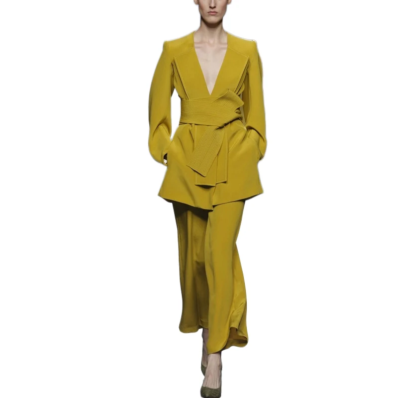 Женский офисный комплект из 2 предметов: куртка с зубчатым ремнем + широкие брюки