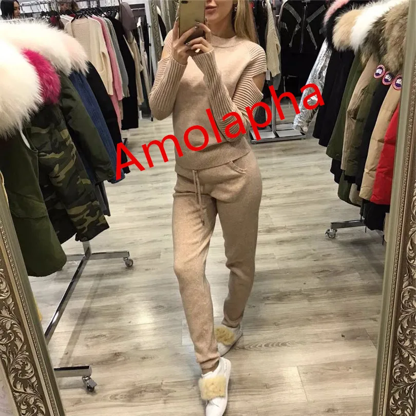 Amolapha, женские зимние спортивные костюмы, повседневные, вязаные, с открытыми плечами, с длинными рукавами, одноцветные пуловеры, длинные штаны, комплекты одежды из двух предметов