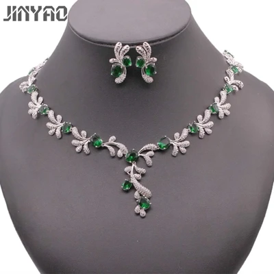 green JINYAO роскошный разноцветный циркон ААА Золото Цвет Ожерелье Комплект сережек для женщин Свадебные аксессуары ювелирные изделия 14 цветов s - Окраска металла: green
