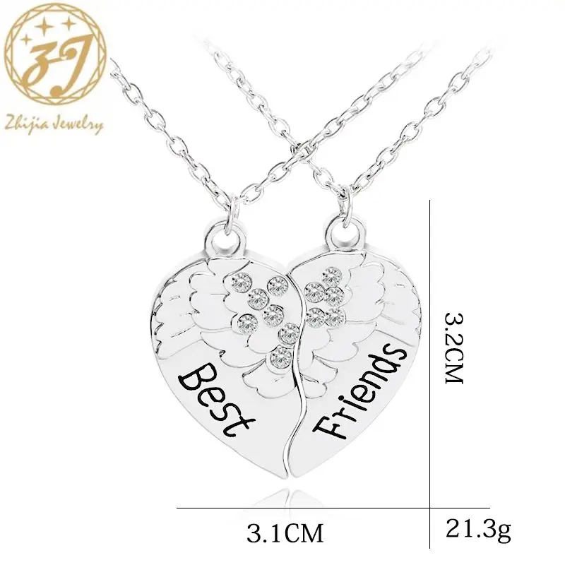Ожерелье Zhijia trendy BFF с сердцем, разбитым на две части, из кристаллов с крыльями ангела и головоломкой, для лучших друзей навсегда. Дружеские украшения.