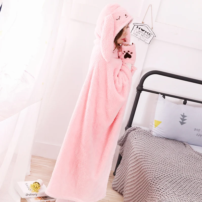 

Rabbit shawl plush cloak hooded blanekt coral Cosplay thick fleece cape blanket throw kids TV leisure blanket