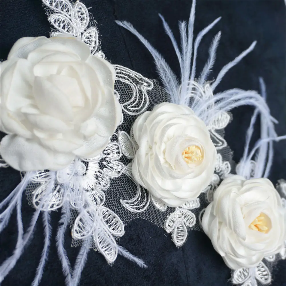 Белые тканевые 3D цветы перо кисточка вышитая аппликация кружевная отделка