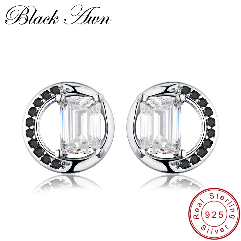 Женские серьги гвоздики [BLACK AWN] сережки из серебра 925 пробы с черным шпинелью