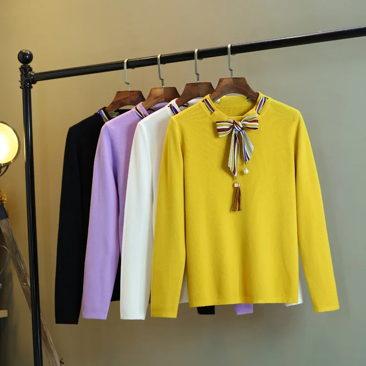 2018 осенний корейский Шелковый пуловер с бантом и длинными рукавами свитер блузка