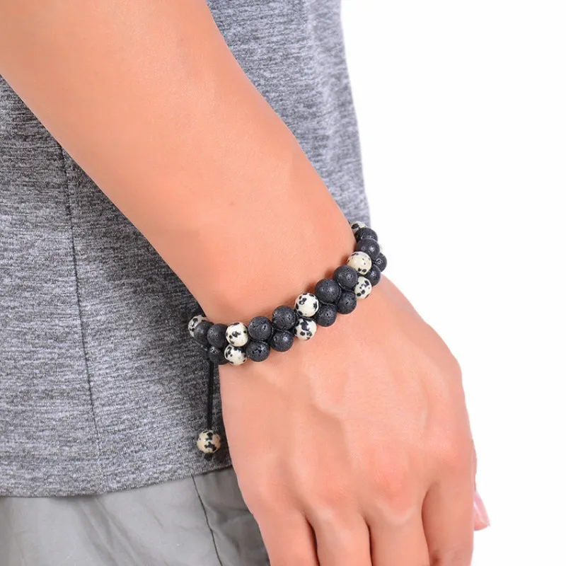 8mm Energy Lava Volcanic Stone Double Row Men's Bracelet Jewelry Accessories Beaded Strand Charm &amp Bangle Adjustable | Украшения и