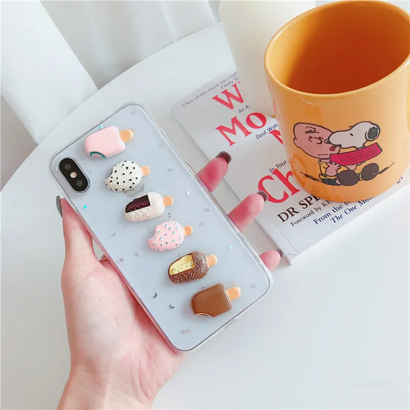 Wixcen Summer 3D Ice Cream Transparent Soft Tpu Case for Iphone 6 7 8 Plus X Cute Glitter Silicone Back Cover Fundas | Мобильные