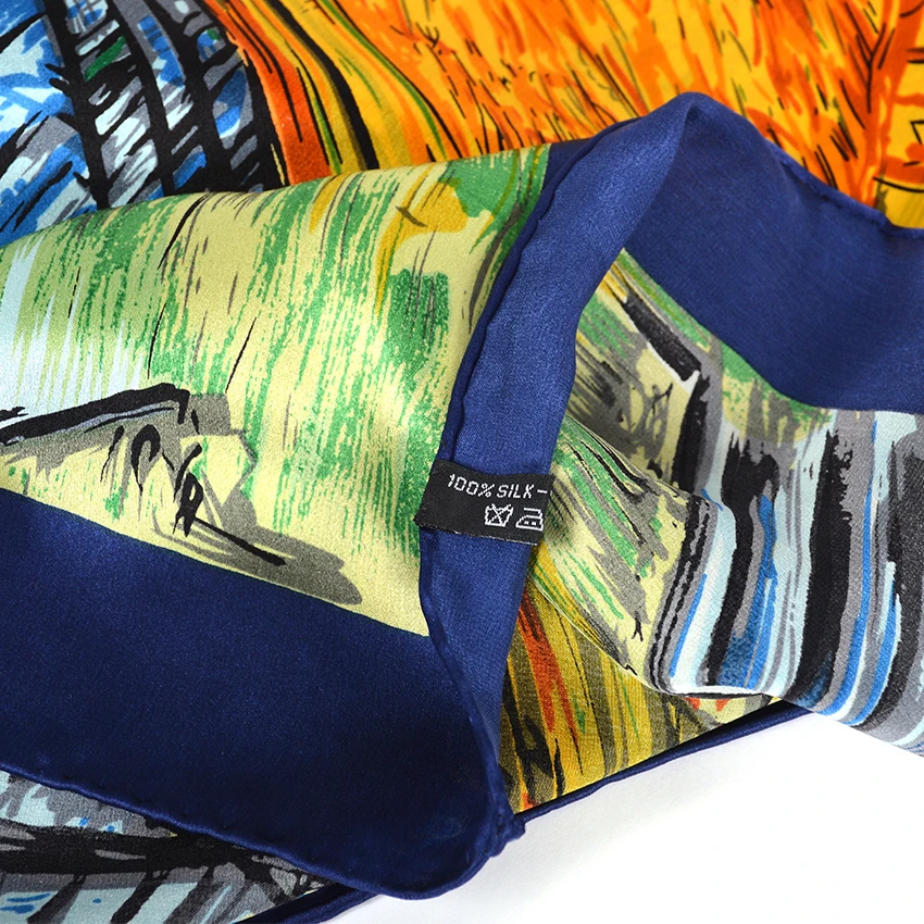 [BYSIFA] темно синие шарфы модный бренд масляной живописи кафе дизайн 100% шелковый