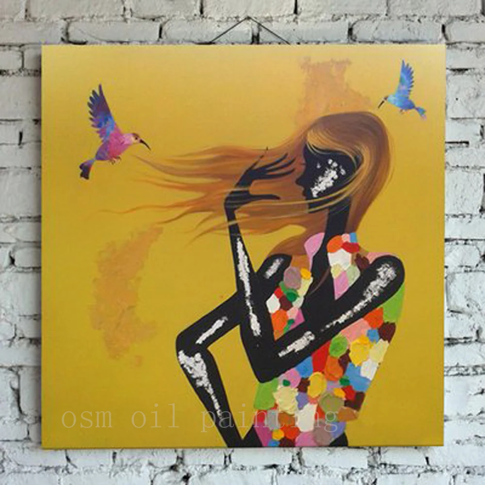 

Handmade Wall Art Home Decor Calligraphy Acrylic Picture Hand Paint Colorful Little Bird and Model Girl Oil Painting on Canvas