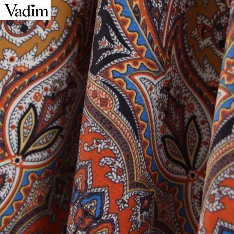 Вадим Женские винтажные печати платье миди с v-образным вырезом Длинные рукава