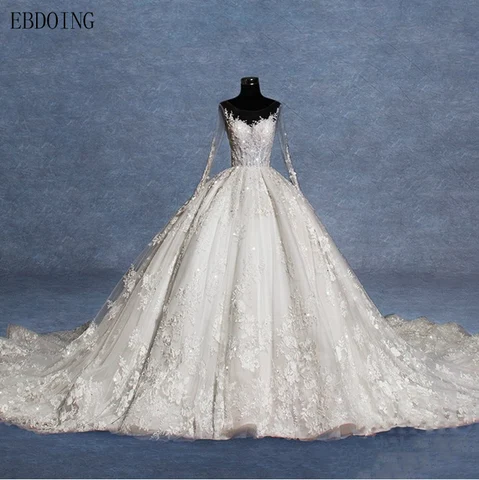Свадебное платье с глубоким вырезом, длинным рукавом и шлейфом, размера плюс, реальное фото