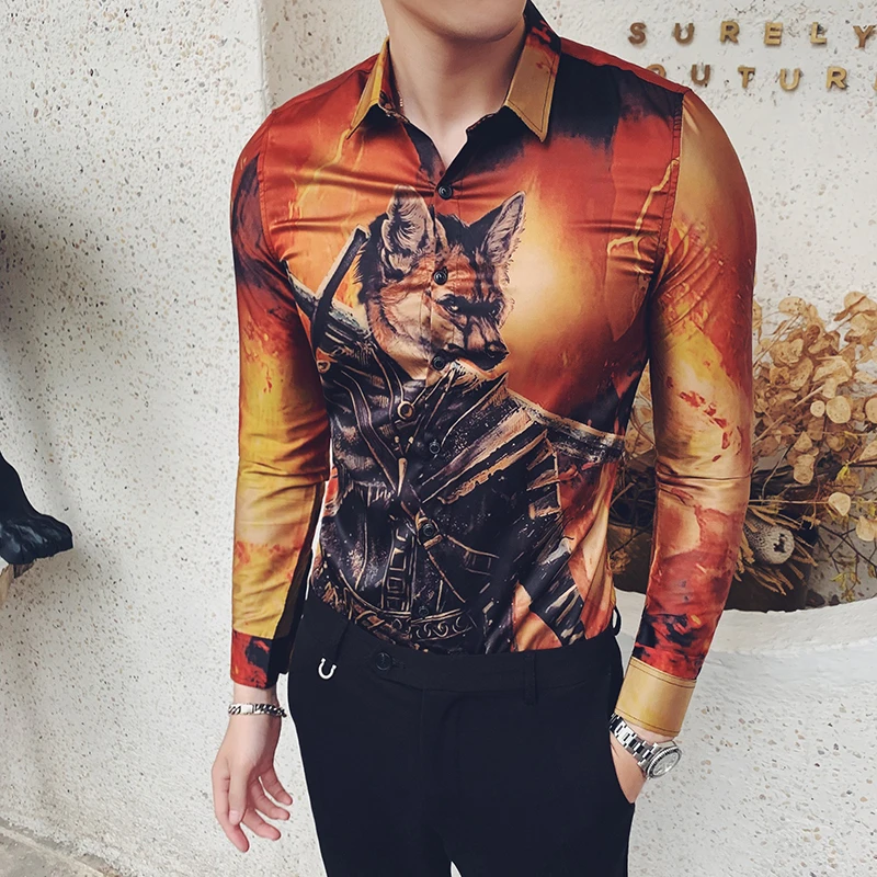 Футболка с принтом волка мужская с длинными рукавами Camisa Masculina Высококачественная Мужская одежда Camisa Homem Осенняя рубашка Social Masculina