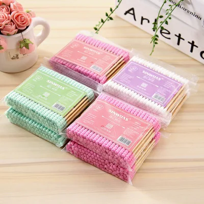Cosmetic Cotton Swab Stick 100Pcs/Pack Double Head Ended Clean Cotton Buds Ear Clean Tools Pink Green 240Pack/Lot