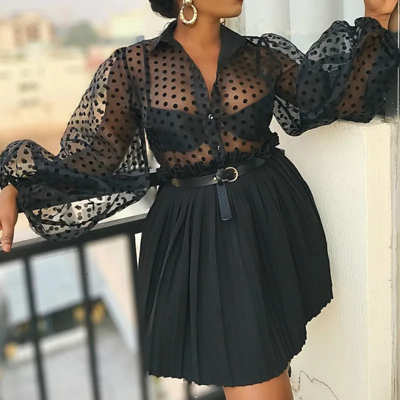 

2019 Brand New Women Shirts Plus Size Blouse Transparent Organza Polka Dot Sexy Shirt Casual Fashion Shirtschemise Blusa S-XXL