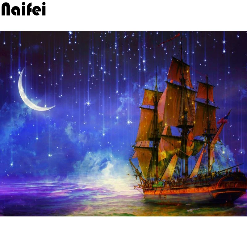 Полная квадратная круглая Алмазная вышивка волнистый пейзаж корабли 5D алмазная