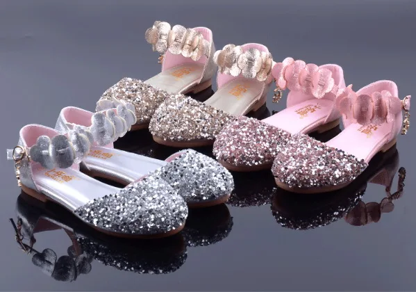 

2019 NEW Princess Kids Leather Shoes For Girls Flower Casual Glitter Children High Heel Girls Shoes Butterfly Pink Silver