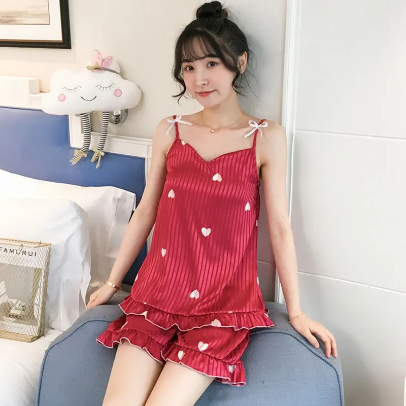 Синий лето 2019 милый Атласный Женский Топ на бретелях и шорты тонкий