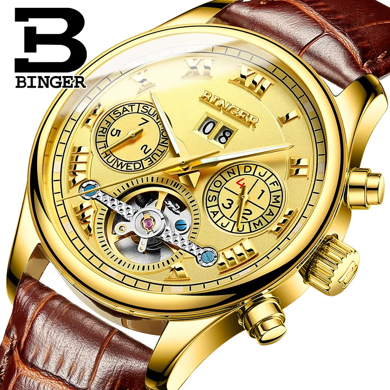 Мужские автоматические механические часы-скелетоны с кожаным ремешком |