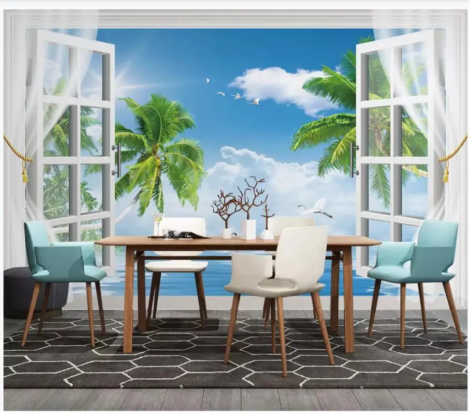 

Custom photo wallpaper for walls 3 d murals Sea landscape 3D window scenery blue sky white clouds tree background wall painting