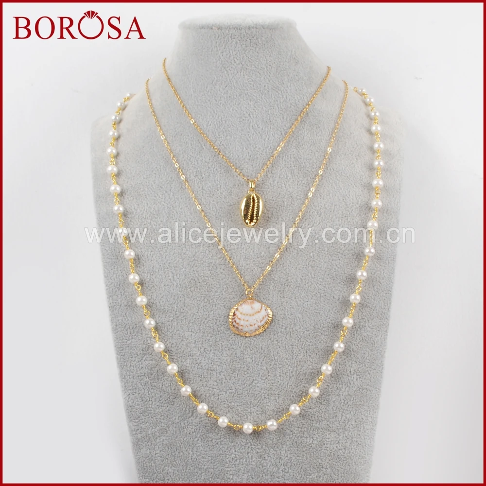 

BOROSA 3/4/5 шт. 26 дюймов золотой цвет отделка раковина Cowrie морская оболочка с жемчужными бусинами цепи ожерелье гребешок оболочки ювелирные изд...
