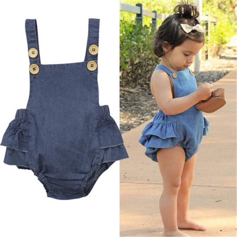 Sleeveless Infant Newborn Baby Girls Denim Romper Jumpsuit New Fashion Summer Ruffle Playsuit Girl Clothes Outfits 0-24M | Мать и ребенок