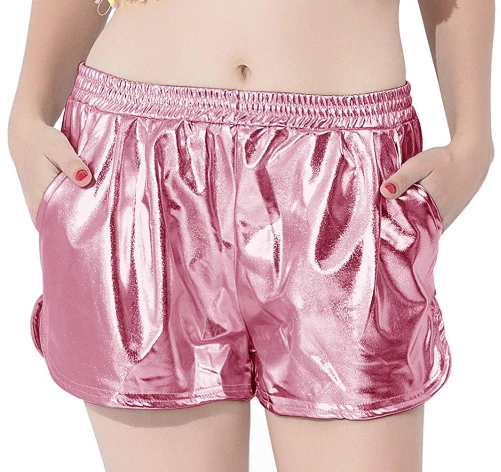 ICOSTUMES Womens Casual Shiny Metallic Elastic Waist Loose Shorts with Pockets