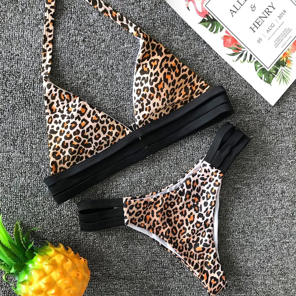 New Bikini Sexy Leopard Print Swimwear Push Up Halter Bra Brazilian Biquini Set Women Diamond Swimming Wear &amp Brief | Женская одежда