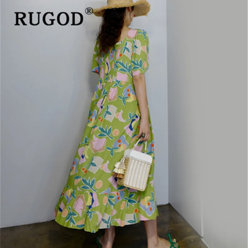 RUGOD корейское шикарное платье макси с принтом женское модное свободное летнее