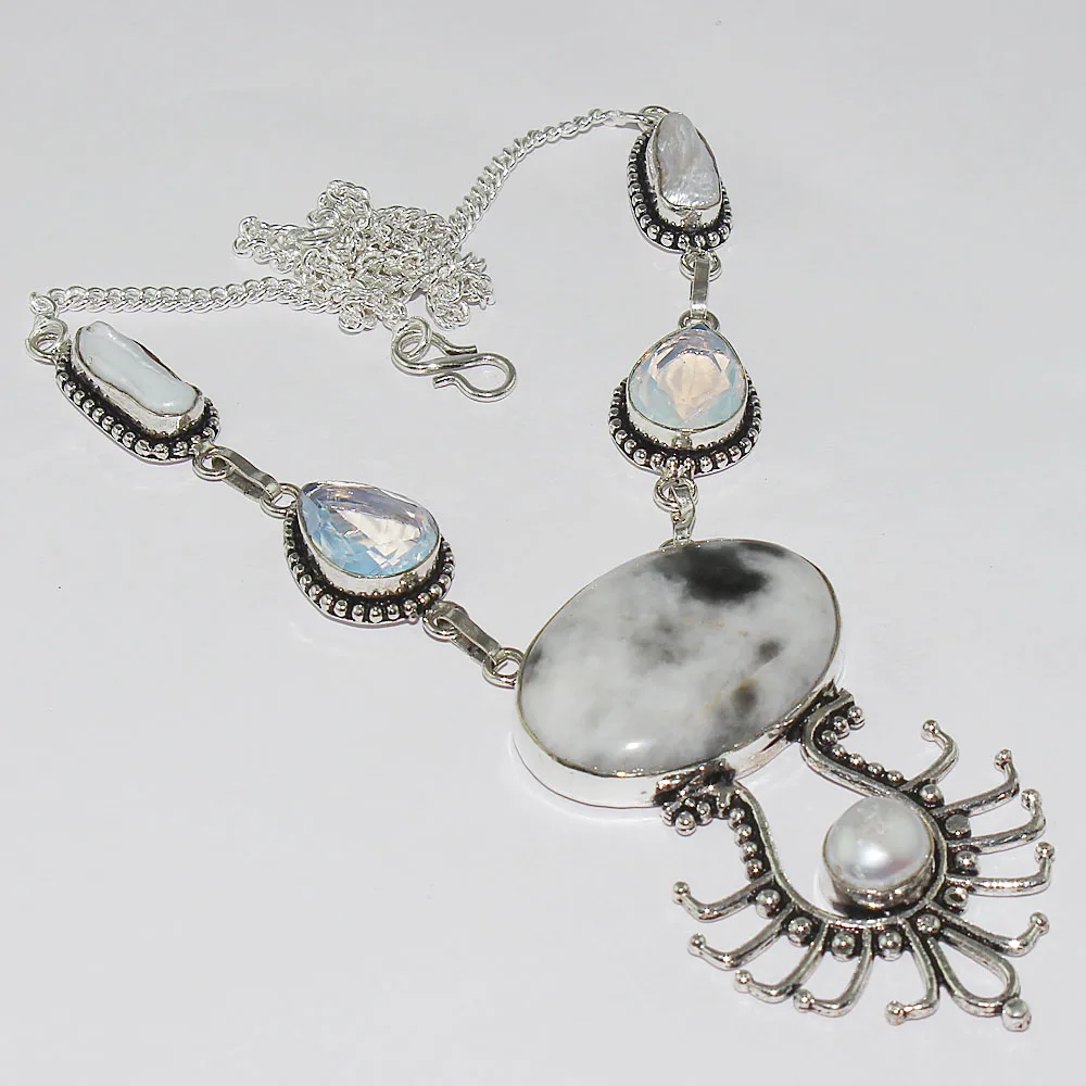 

Jaspers & Milky Fire Opal Necklace Silver Overlay over Copper , 49cm, N1023