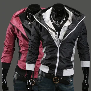 Autumn male fashion slim color block decoration with a hood double layer collar jacket tidal current handsome outerwear | Мужская одежда