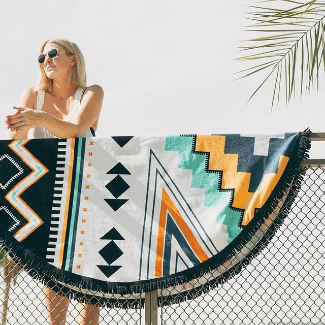 Круглый Гобелены 150 см полиэстер кисточкой Геометрия Богемия Пляжное Коврики