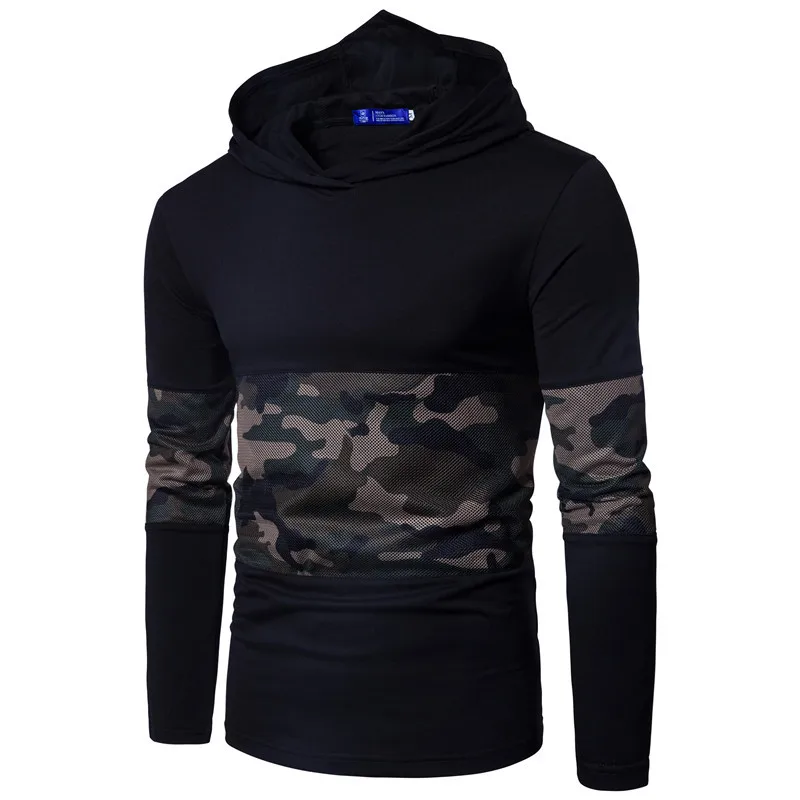 2019 fall and winter new men's camouflage cap long-sleeved T-shirts fashion splice men Sleeve collar casual Cotton | Мужская одежда