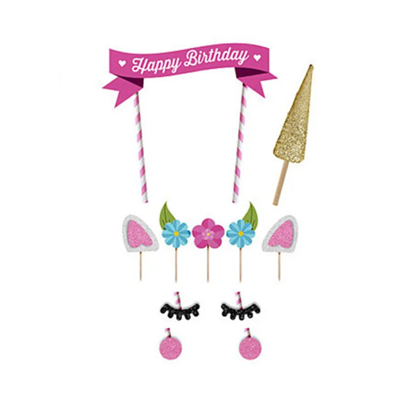 Набор розовых флагов для торта в виде единорога украшение буква на день рождения